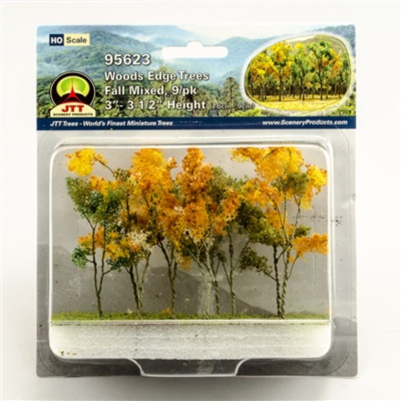HO scale wood edge trees in a fall mix, featuring 9 detailed models for realistic scenery.
