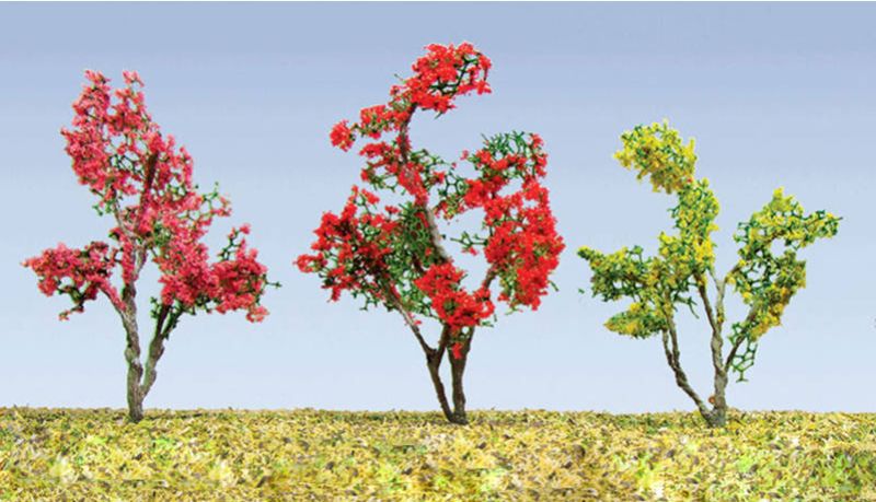 A pack of 30 miniature flower trees, 19-25mm tall, designed to enhance model landscapes with vibrant colors and realism.