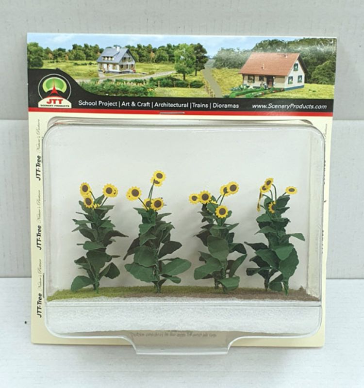 Eight realistic 75mm sunflowers, perfect for enhancing model scenery and dioramas with vibrant color and detail.