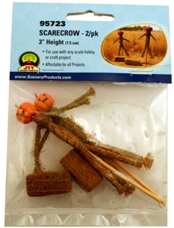 Charming scarecrow and hay bales set for enhancing model landscapes and dioramas with a rustic, autumnal theme.