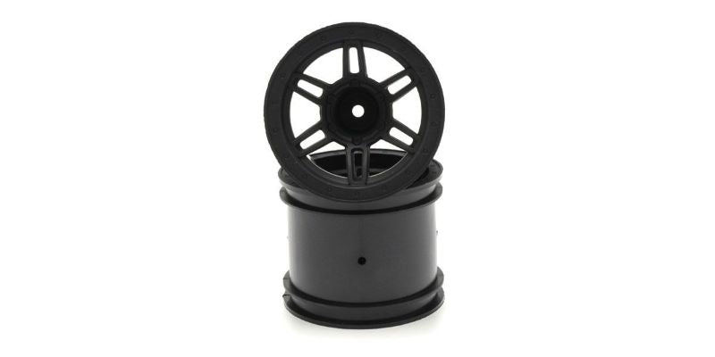Stylish black rims for RC vehicles, enhancing durability and traction for off-road adventures.