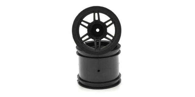 Stylish black rims for RC vehicles, enhancing durability and traction for off-road adventures.
