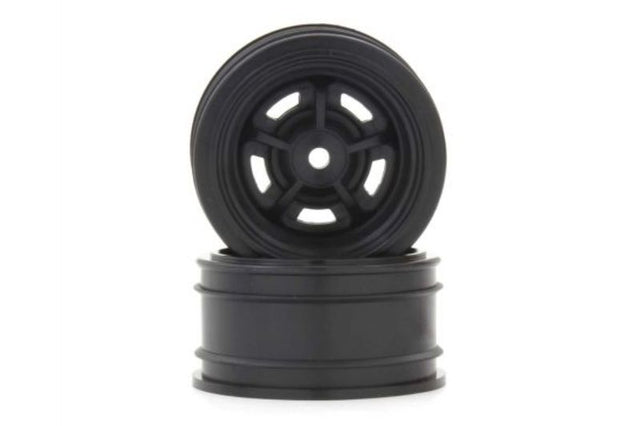 Sleek black 1/10 Rostyle rims designed for durability and performance in RC cars, enhancing aesthetics and speed.