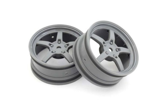 Kyosho 1/10 scale 5 spoke grey wheels, 24mm, designed for RC cars, offer style, grip, and performance for enthusiasts.