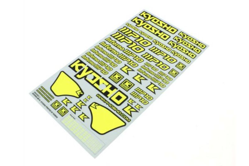 Vibrant yellow decals for Kyosho MP10 RC cars, made from durable vinyl for a striking and long-lasting finish.