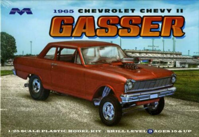 Detailed model kit of a 1/25 scale '65 Chevy II Gasser, perfect for collectors and car enthusiasts.