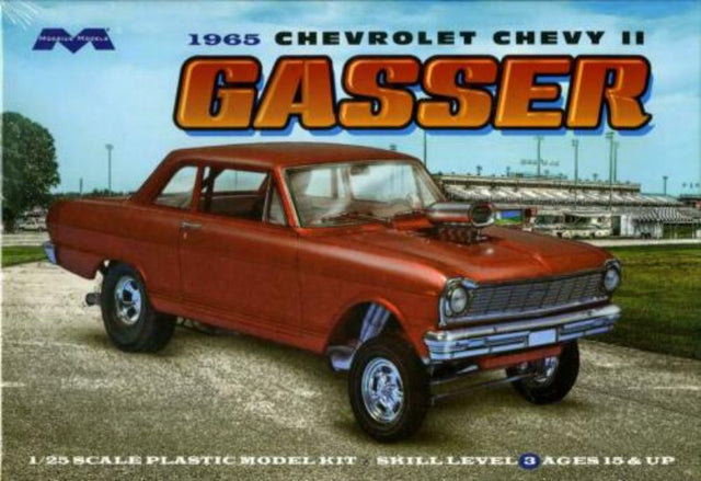 Detailed model kit of a 1/25 scale '65 Chevy II Gasser, perfect for collectors and car enthusiasts.