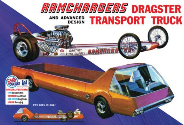 1/25 scale Plastic Kit Set featuring Ramchargers Dragster and Transport Truck, with detailed parts for model enthusiasts.