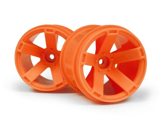 Durable 2.8-inch orange RC wheel with 12mm hex hub for enhanced traction and easy installation, perfect for any RC vehicle.