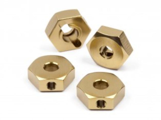 Aluminum locking wheel hex hubs in matte amber gold, ensuring secure fit and preventing loss on Strada cars.