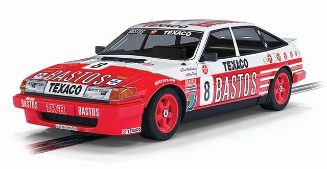 Scalextric Donington Rover Vitesse #8 slot car in iconic red and white livery, celebrating 1980s racing heritage.