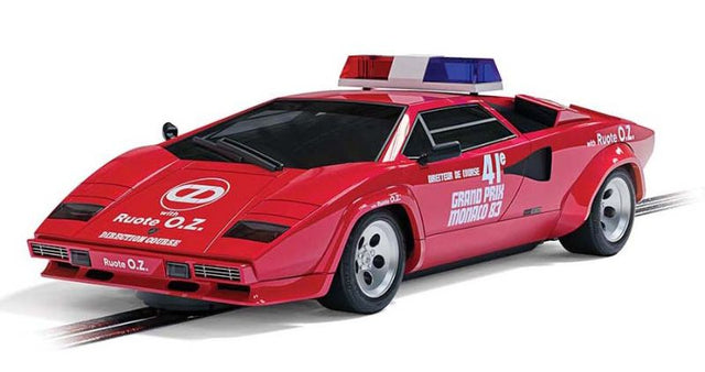 Scalextric F1 Countach Safety Car Monaco slot car, detailed 1/32 scale model capturing 1983 Grand Prix elegance.