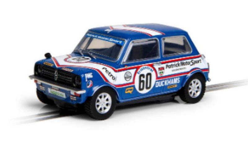 Scalextric Goodwood Mini 1275GT #60, detailed 1/32 scale replica celebrating BTCC racer Patrick Longman's legacy.