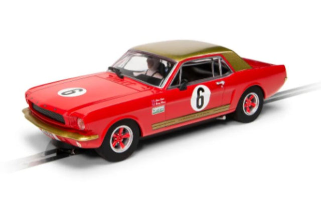 Scalextric Goodwood Mustang #8 slot car in red and gold, celebrating motorsport heritage and high-octane racing excitement.