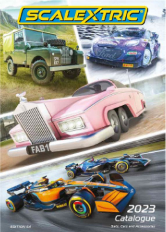 Scalextric 2023 Catalogue showcasing 1/32 scale slot cars, track layouts, and accessories for racing enthusiasts.
