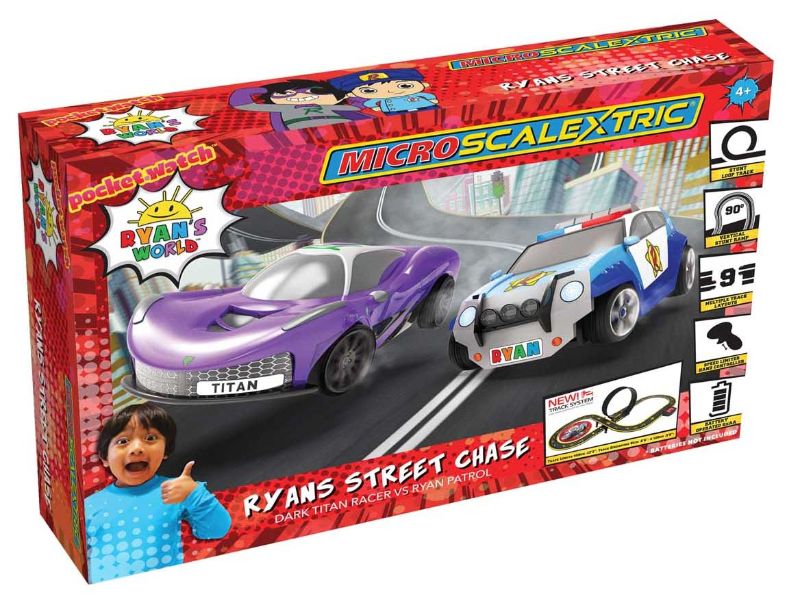 Scalextric M Set Bat features Ryan's Patrol Car chasing Dark Titan on a Loop-the-Loop track with 9 layouts for kids' fun.