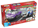 Scalextric M Set Bat features Ryan's Patrol Car chasing Dark Titan on a Loop-the-Loop track with 9 layouts for kids' fun.