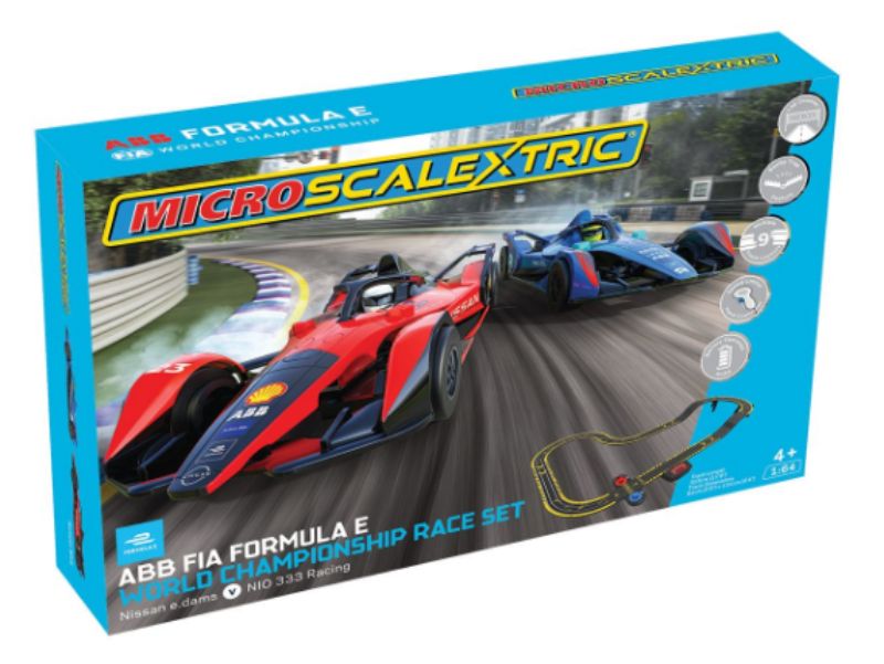 Micro Scalextric Formula E set featuring 2 detailed cars, 3.5m track, speed ramp, and lap counter for thrilling races.