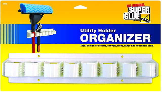 Compact utility organizer with 8 compartments for easily storing and accessing adhesives in crafting supplies.