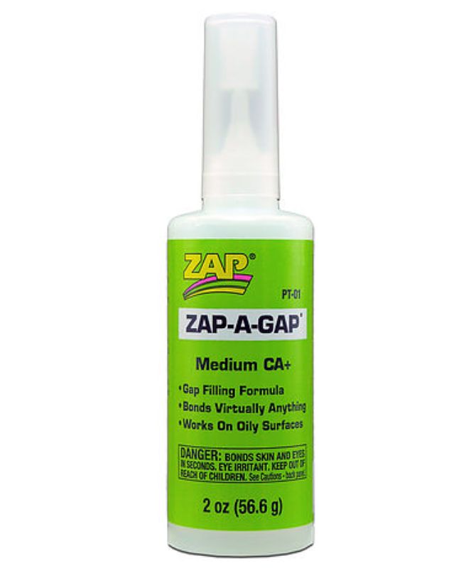 ZAP-A-GAP hobby adhesive for bonding metal, wood, rubber, pottery, plastics, and ceramics.
