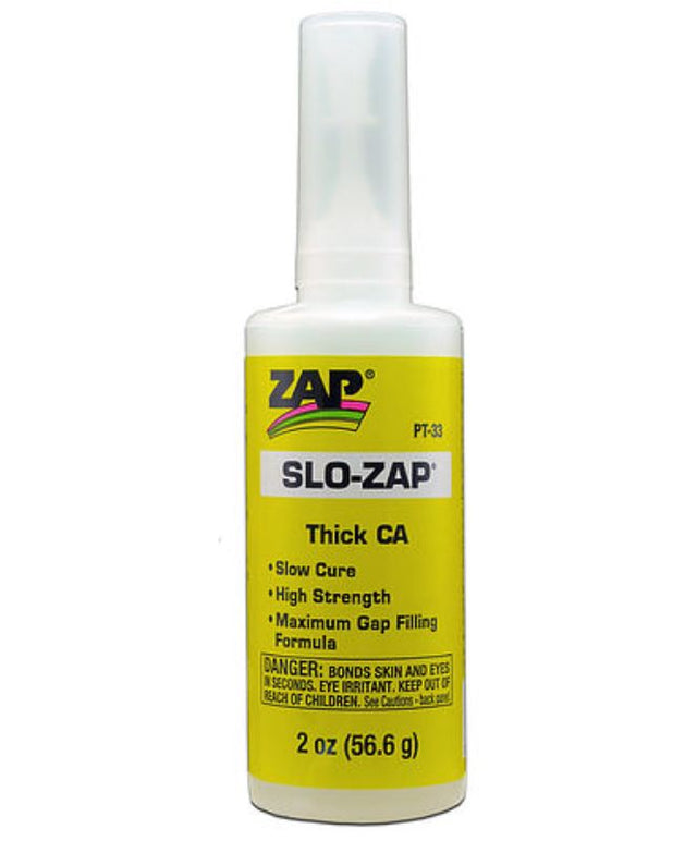 High-viscosity Hobby Adhesive Slo-Zap CA (56.6g) for strong, precise bonding in woodworking and model making.
