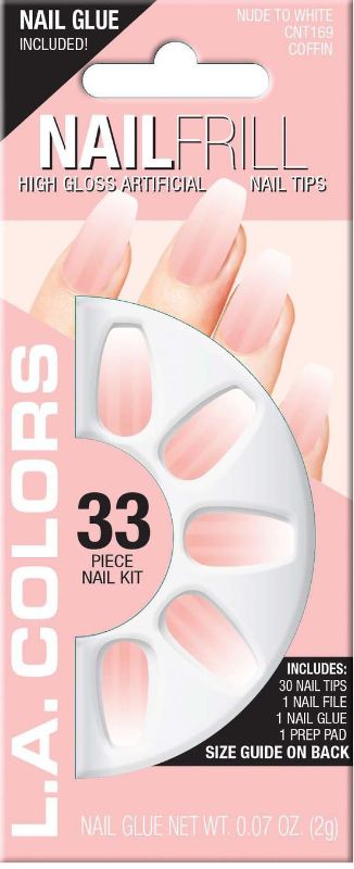 LA Colors 33pc High Gloss Coffin Nail Tip Kit featuring nude to white tips for versatile, stylish at-home manicures.