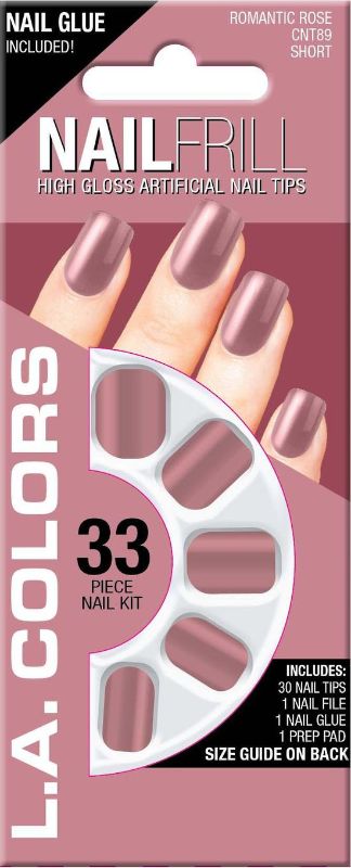 LA Colors 33pc High Gloss Short Nail Tip Kit featuring Romantic Rose nail tips for salon-quality manicures at home.