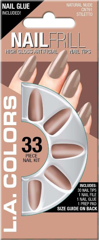 LA Colors 33pc High Gloss Short Nail Tip Kit in Natural Nude with 30 tips, file, glue, and prep pad for easy manicures.