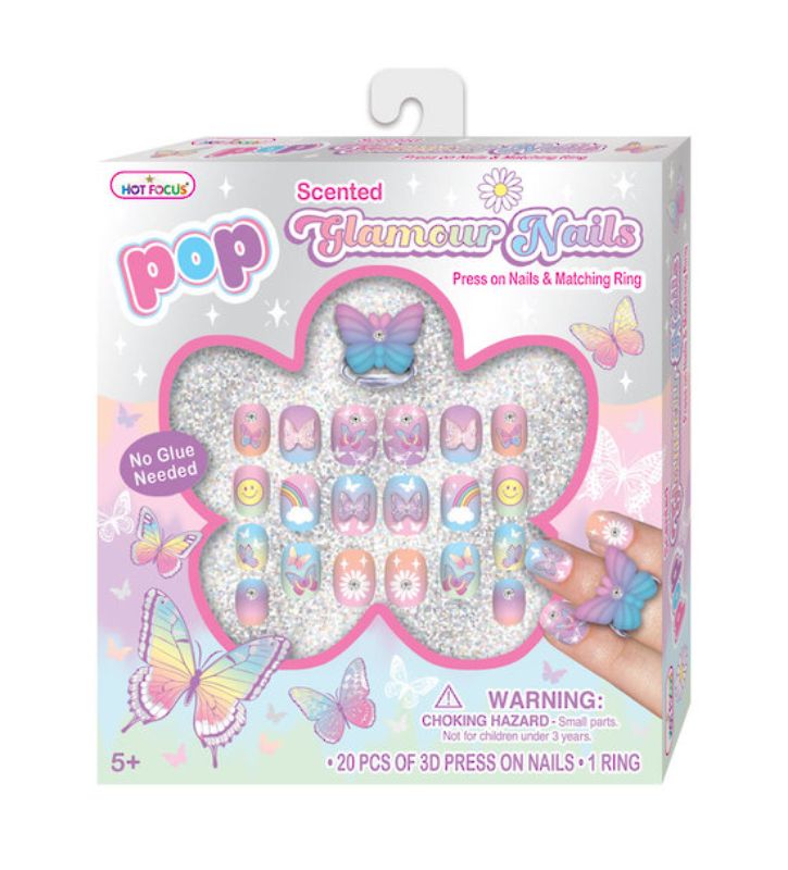Colorful 3D press-on nails featuring whimsical butterfly designs, perfect for kids' nail art and creativity.