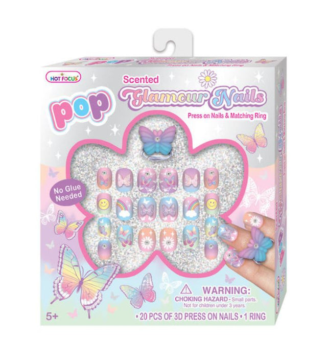 Colorful 3D press-on nails featuring whimsical butterfly designs, perfect for kids' nail art and creativity.