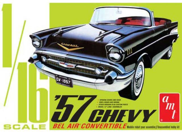 1/16 scale model kit of a 1957 Chevy Bel Air Convertible, featuring detailed parts and easy assembly instructions.