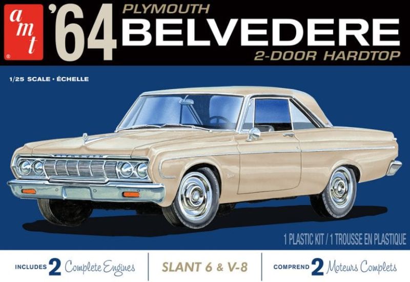 1/25 scale model kit of a 1964 Plymouth Belvedere with a realistic Slant 6 engine, ideal for automotive enthusiasts.