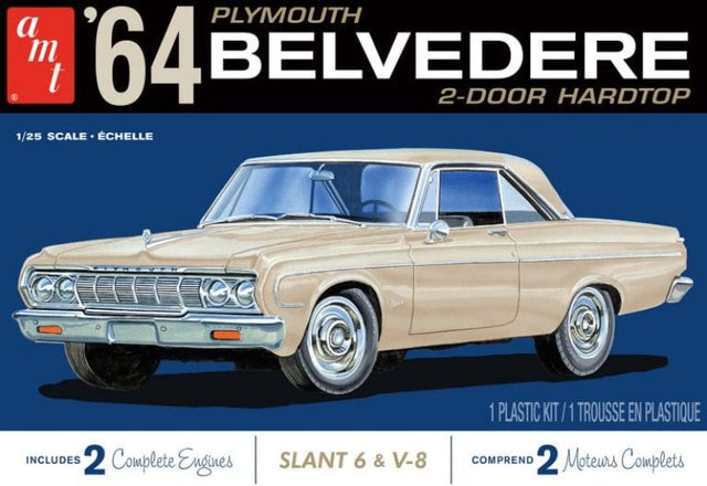 1/25 scale model kit of a 1964 Plymouth Belvedere with a realistic Slant 6 engine, ideal for automotive enthusiasts.