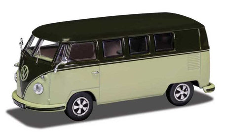 1/43 scale diecast model of the VW Type 2 in sand green and palm green, capturing classic automotive charm.