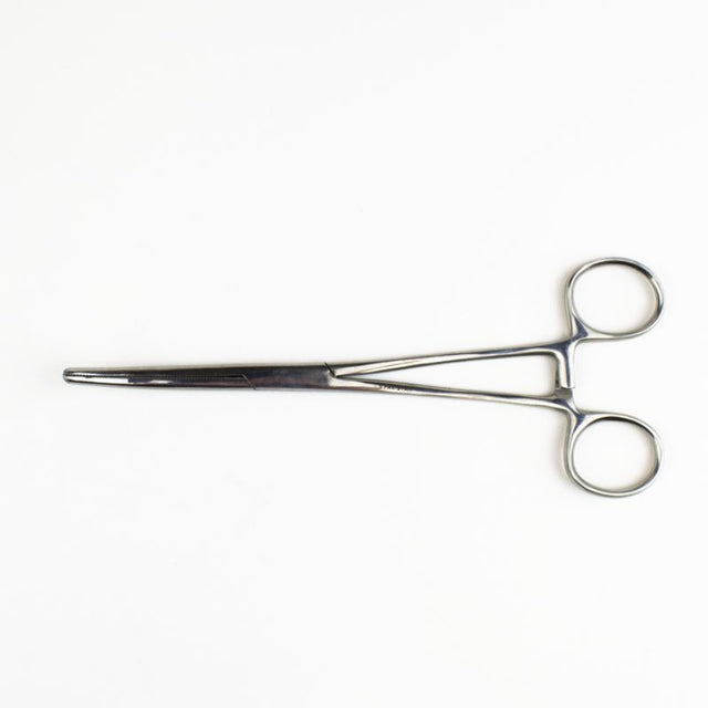 7.5-inch curved hemostat in stainless steel, ideal for crafters and medical use, features three-level locking mechanism.