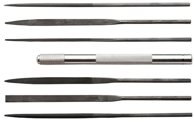 6-piece needle file set with aluminum handle for precision in sharpening and smoothing various materials.