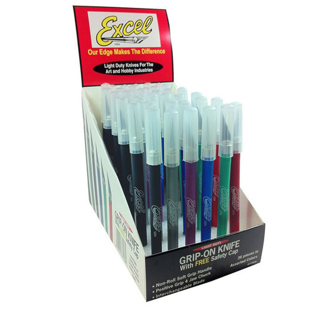 Soft Grip Knife Display with 36 precision knives in vibrant colors, perfect for crafting, trimming, and detailed art projects.