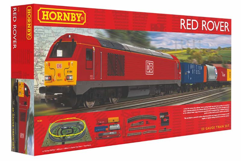 Hornby Red Rover Train Set featuring DB Rail Class 67 locomotive and various freight wagons on a starter oval track.