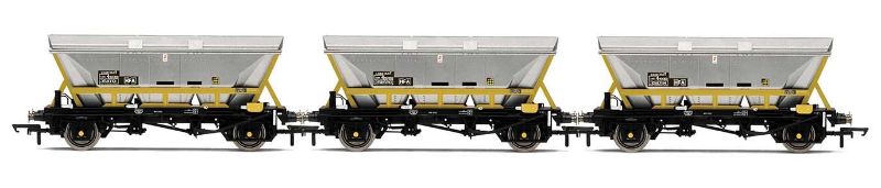 Hornby HAA Hopper Wagons 3 Pack, showcasing aerodynamic design for coal transport, ideal for model train enthusiasts.