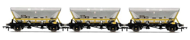 Hornby HAA Hopper Wagons 3 Pack, showcasing aerodynamic design for coal transport, ideal for model train enthusiasts.