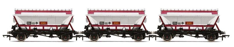 Set of three EWS CDA Hopper Wagons for model railways, designed for transporting China clay with intricate detailing.