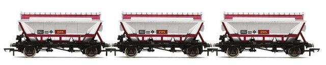 Set of three EWS CDA Hopper Wagons for model railways, designed for transporting China clay with intricate detailing.