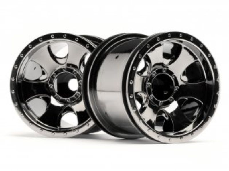 1/10 scale black chrome Warlock wheels enhancing RC car performance and style with superior traction and stability.