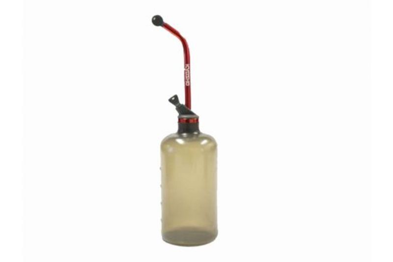 Kyosho 500cc fuel bottle designed for easy dispensing of nitro fuel for RC cars, featuring an ergonomic grip and durable design.