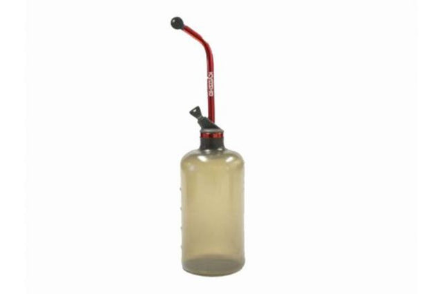 Kyosho 500cc fuel bottle designed for easy dispensing of nitro fuel for RC cars, featuring an ergonomic grip and durable design.