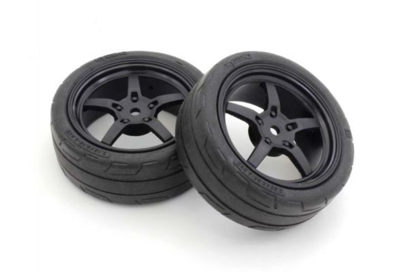 Kyosho 1/10 T&W black drift tyres, high grip, perfect for RC drifting, includes 2 glued tyres for FZ02 and M/5-S models.