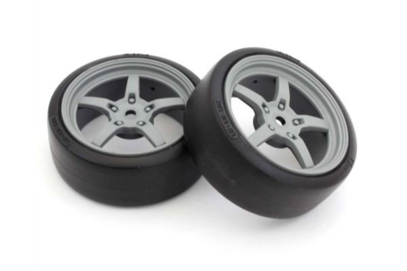 Kyosho 1/10 T&W drift tires with 5-spoke design for enhanced grip and stability during high-speed maneuvers.