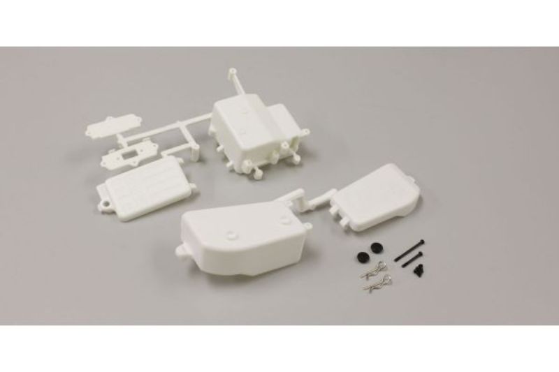 Kyosho zMP9 Battery & Receiver Box in white, designed for MP9 series, offering secure, durable housing for optimal RC performance.