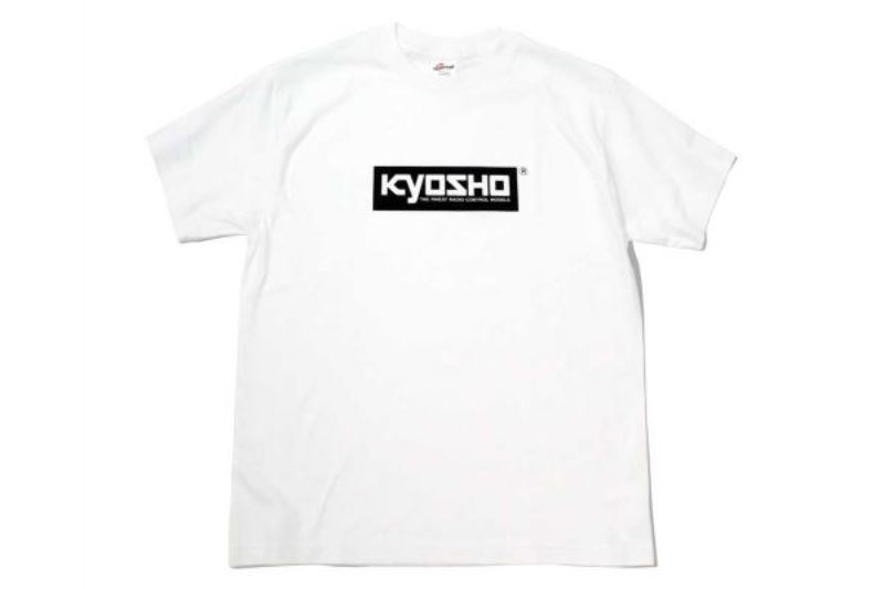 Kyosho Parts T-Shirt in white with iconic Box Logo, perfect for enthusiasts, crafted for comfort and style.