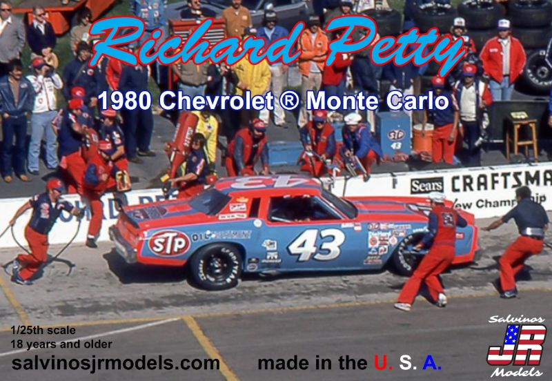 Detailed 1/25 scale model kit of the 1980 Chevrolet Monte Carlo #43, ideal for NASCAR fans and model builders.